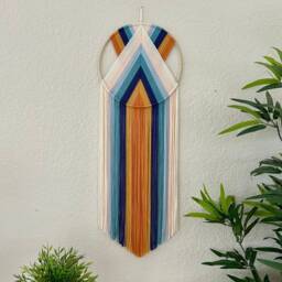 Orange & Teal Yarn Wall Hanging, Retro Macrame Art, Blue Boho Tapestry, 1970's Decor, 70's Handmade Hangings