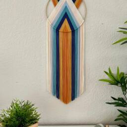 Orange & Teal Yarn Wall Hanging, Retro Macrame Art, Blue Boho Tapestry, 1970's Decor, 70's Handmade Hangings - thumbnail 4