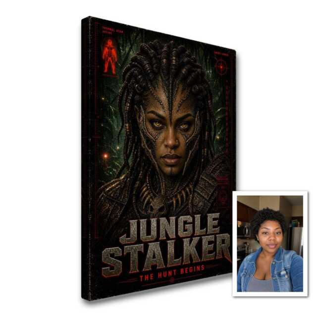 Personalised Alien Trophy Hunter Canvas From Photo, Custom Title Subtitle, Sci-Fi Jungle Stalker Wall Art Gift For Gaming Rooms & Offices - image 1
