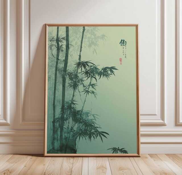 Bamboo Wall Art Print, Japanese Zen Poster, Tranquil Green Botanical Decor, Minimalist Nature Oriental Painting