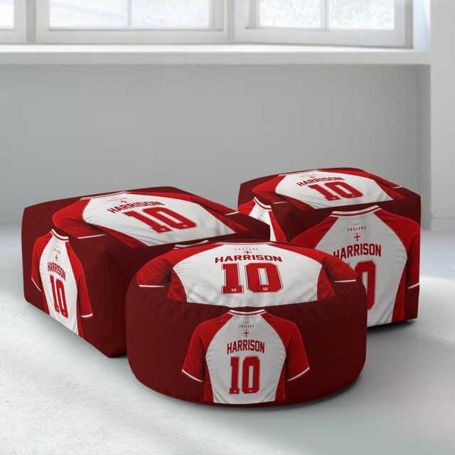 Personalised Name England Flag Kids Pouffe Football T Shirt Number Jersey Supporter Decor St Georges Cross Sport Bedroom Playroom Seat Rest - image 1