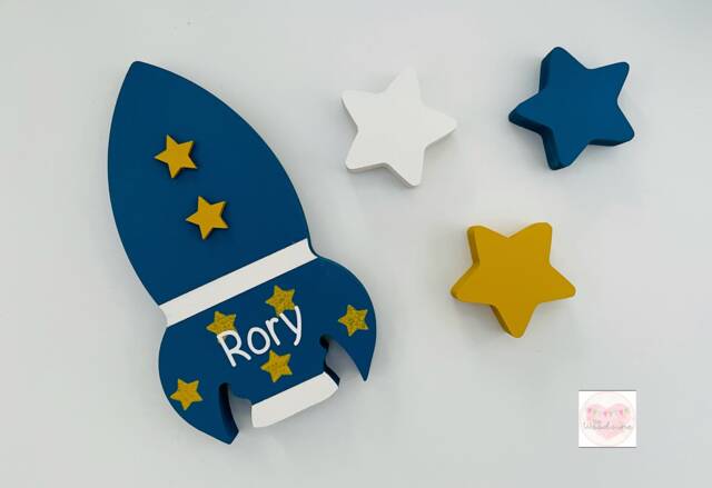 Personalised Rocket & Stars Name Sign - Custom Kids Space Bedroom Decor - image 1
