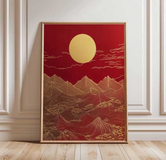Red & Gold Mountain Art Poster, Abstract Asian Landscape, Golden Sun Peaks, Bold Nature Print, Oriental Wall Decor