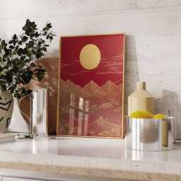 Red & Gold Mountain Art Poster, Abstract Asian Landscape, Golden Sun Peaks, Bold Nature Print, Oriental Wall Decor - thumbnail 4