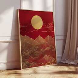 Red & Gold Mountain Art Poster, Abstract Asian Landscape, Golden Sun Peaks, Bold Nature Print, Oriental Wall Decor - thumbnail 2