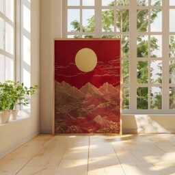 Red & Gold Mountain Art Poster, Abstract Asian Landscape, Golden Sun Peaks, Bold Nature Print, Oriental Wall Decor - thumbnail 3