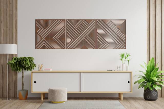 Geometric Lines Panel Set Of 3 Wood Wall Art Decor Wooden Nursery Sign Picture Living Room - image 1