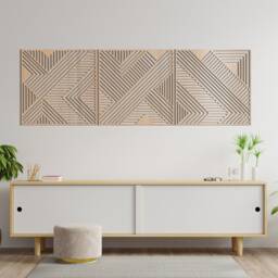 Geometric Lines Panel Set Of 3 Wood Wall Art Decor Wooden Nursery Sign Picture Living Room - thumbnail 2