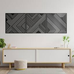 Geometric Lines Panel Set Of 3 Wood Wall Art Decor Wooden Nursery Sign Picture Living Room - thumbnail 3