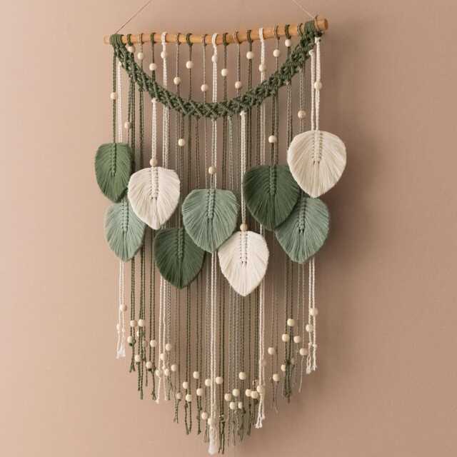 Leaves Wall Hanging, Home Decor Gift, Minimalist Decor, Bedroom Macrame Green Leaves, Mid Century Modern L22 - image 1