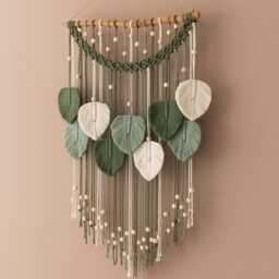 Leaves Wall Hanging, Home Decor Gift, Minimalist Decor, Bedroom Macrame Green Leaves, Mid Century Modern L22 - thumbnail 1