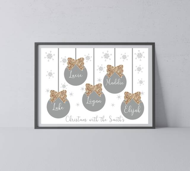 Personalized Christmas Bauble Print Family Name Wall Decor - Unframed - image 1
