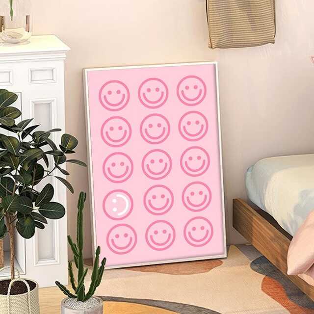 Funny Pink Smiley Face Art Canvas Poster, Trendy Wall Art, Apartment Aesthetic Decor, Retro Home Printed Gift - image 1
