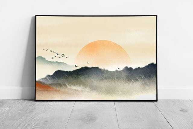 Chinese Ink Painting - Warm Toned Sunrise Skyline Wall Art Print Framed Artwork - image 1