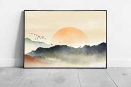 Chinese Ink Painting - Warm Toned Sunrise Skyline Wall Art Print Framed Artwork - thumbnail 1