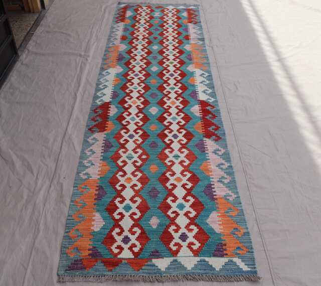 2'8x9'6 Ft Afghan Kilim Runner Rug, Geometric Flatweave Handmade Wool Modern Blue Hallway Kitchen - image 1