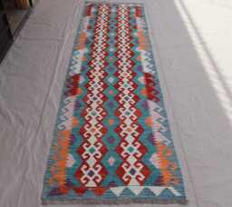 2'8x9'6 Ft Afghan Kilim Runner Rug, Geometric Flatweave Handmade Wool Modern Blue Hallway Kitchen - thumbnail 1