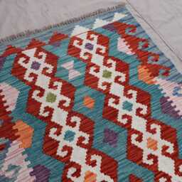 2'8x9'6 Ft Afghan Kilim Runner Rug, Geometric Flatweave Handmade Wool Modern Blue Hallway Kitchen - thumbnail 3