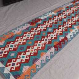 2'8x9'6 Ft Afghan Kilim Runner Rug, Geometric Flatweave Handmade Wool Modern Blue Hallway Kitchen - thumbnail 2
