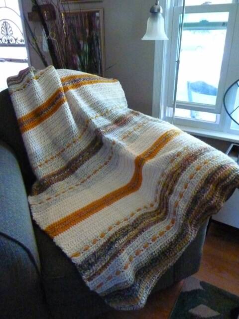 Grey Wheat Blanket, Crocheted Golden Tones, Farmhouse Style Cottage Cozy Easy Living Stripes, Afghan Warmer - image 1