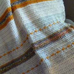 Grey Wheat Blanket, Crocheted Golden Tones, Farmhouse Style Cottage Cozy Easy Living Stripes, Afghan Warmer - thumbnail 4