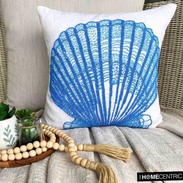 Blue Beaded Sea Creatures Pattern, Cotton Linen, Beach Style Throw Pillow Cover - Oyster Bay - image 1