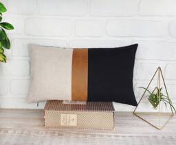 Color Block Pillow Cover - Zen Camel Faux Leather, Linen Accent
