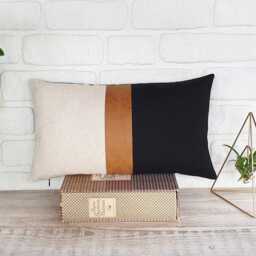 Color Block Pillow Cover - Zen Camel Faux Leather, Linen Accent - thumbnail 4