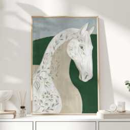 White Horse Wall Art, Elegant Equestrian Painting, Botanical Art Print - thumbnail 1