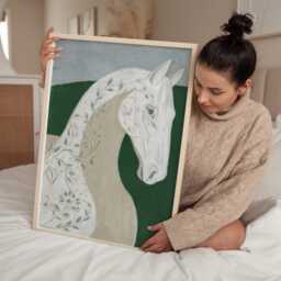 White Horse Wall Art, Elegant Equestrian Painting, Botanical Art Print - thumbnail 3