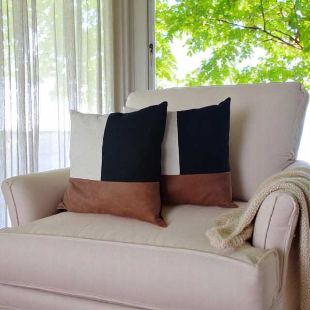 Color Block Faux Leather Pillow Cover - Linen & Black Fabric - image 1