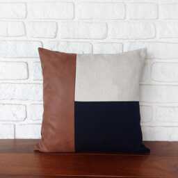 Color Block Faux Leather Pillow Cover - Linen & Black Fabric - thumbnail 3