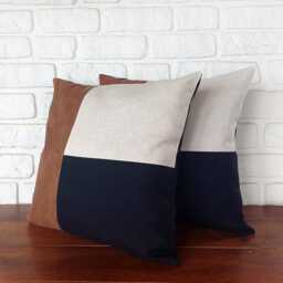 Color Block Faux Leather Pillow Cover - Linen & Black Fabric - thumbnail 2