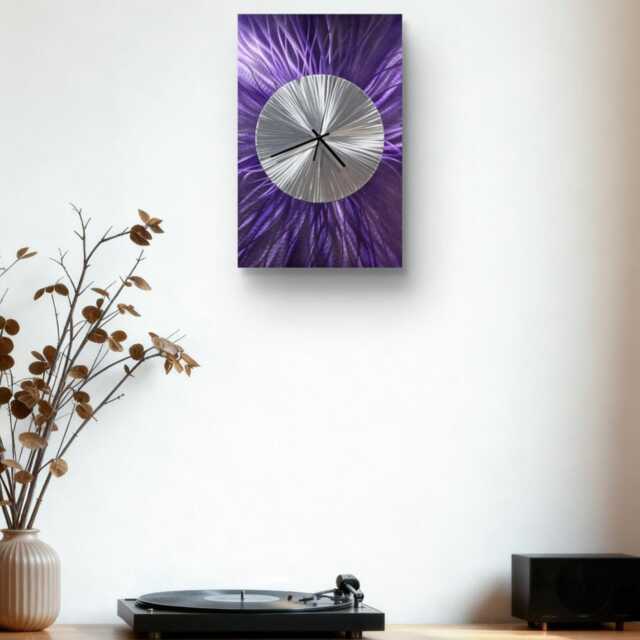 Modern Abstract Metal Artwork Clock. Purple & Silver - image 1