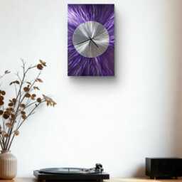 Modern Abstract Metal Artwork Clock. Purple & Silver - thumbnail 1