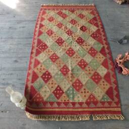"Turkish Kilim Rug, Diamond Design Traditional Red Handwoven 3'4""x5' 10" - thumbnail 3