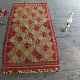 "Turkish Kilim Rug, Diamond Design Traditional Red Handwoven 3'4""x5' 10" - thumbnail 2