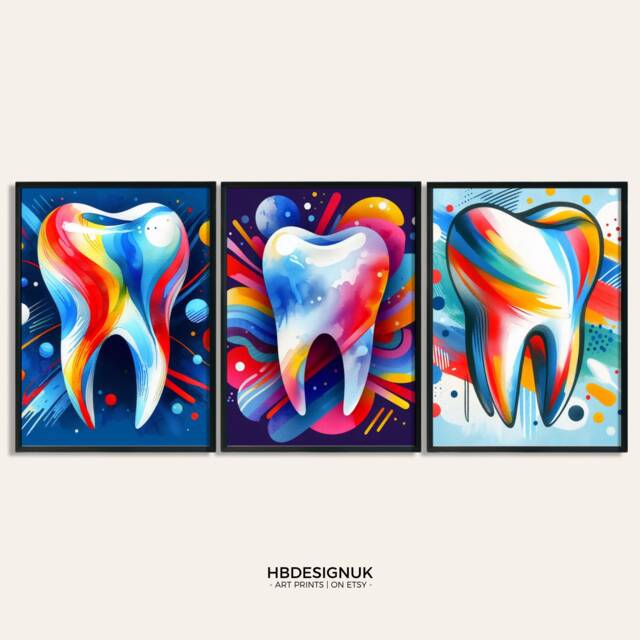 Dentist Wall Art - Set Of 3 Posters - Dental Office Decor Colourful Orthodontic Clinic Watercolour Prints Abstract Hygiene Gift - image 1
