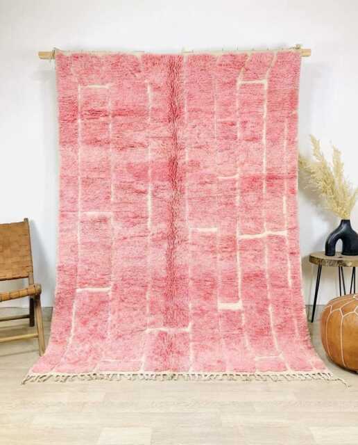 Pink White Grid Rug, Moroccan Berber Shag Carpet, Handmade Wool Area Large Modern Minimalist Decor - image 1