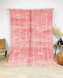 Pink White Grid Rug, Moroccan Berber Shag Carpet, Handmade Wool Area Large Modern Minimalist Decor - thumbnail 1