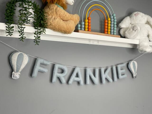 Name Garland With Hot Air Balloons & Stars, Custom Name Banner, Name, Felt Bunting, Nursery Decor, Decor - image 1