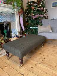 Harris Tweed Footstool On Castors, Handmade Wool Tartan Ottoman