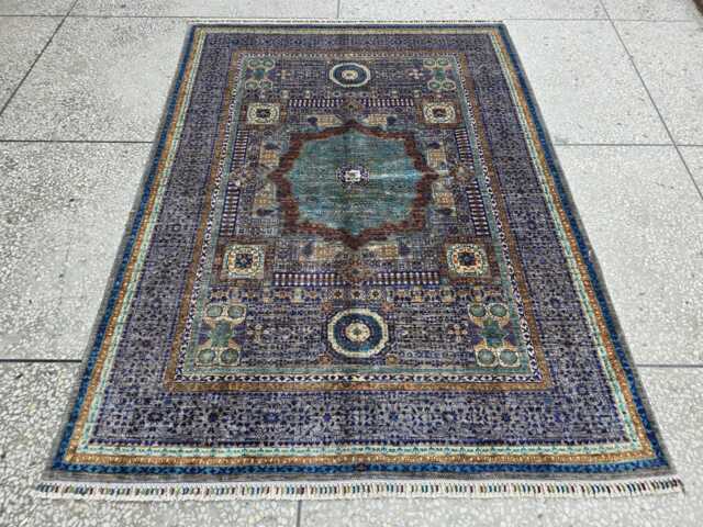 Handwoven Mamluk Afghan Wool Rug Blue, Teal, Rust Oriental Carpet 6.6x5.7 Ft - image 1