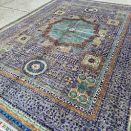 Handwoven Mamluk Afghan Wool Rug Blue, Teal, Rust Oriental Carpet 6.6x5.7 Ft - thumbnail 3