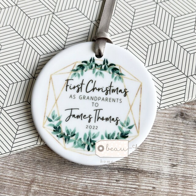 Personalised First Christmas As Grandparents Gran Grandma Nanna New Baby Botanical Greenery Ceramic Or Acrylic Round Ornament Keepsake