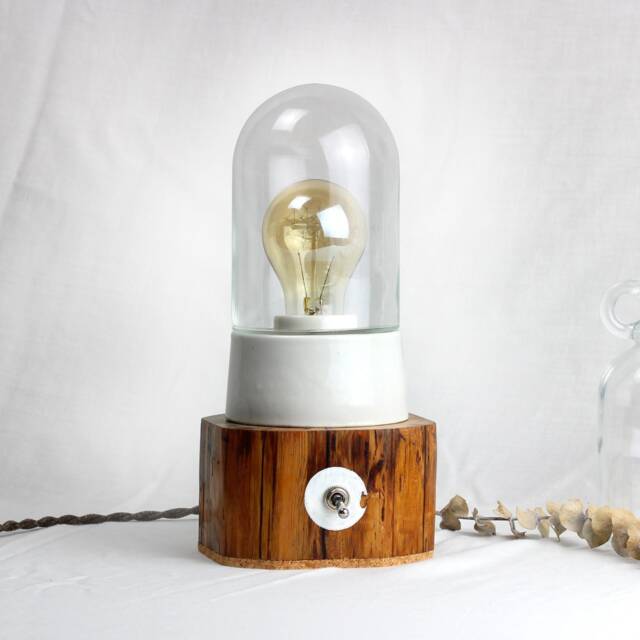 Rustic Wood Table Lamp, Unique Bedside Lamp With Salvaged Old Barn Beam, Bell Jar Upcycled Glass Light Cover, Housewarming Gift - image 1
