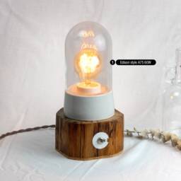 Rustic Wood Table Lamp, Unique Bedside Lamp With Salvaged Old Barn Beam, Bell Jar Upcycled Glass Light Cover, Housewarming Gift - thumbnail 2