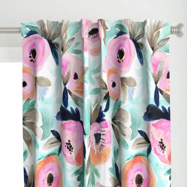 Aqua Pink Floral Curtain Panel - Large Scale Flower Spring Blooms Baby Girl Room Custom Summer By Crystal_Walen - image 1