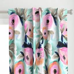 Aqua Pink Floral Curtain Panel - Large Scale Flower Spring Blooms Baby Girl Room Custom Summer By Crystal_Walen - thumbnail 1