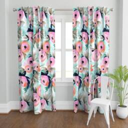 Aqua Pink Floral Curtain Panel - Large Scale Flower Spring Blooms Baby Girl Room Custom Summer By Crystal_Walen - thumbnail 2